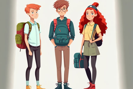 boy and female couple. Picture of a student holding a backpack. Two teenagers standing side by side. Schoolboy and schoolgirl in color flat image isolated on white backdropの素材
