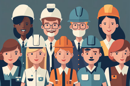 group shot of smiling adorable engineers or employees in the building or manufacturing sectors. Employees wearing hard helmets and uniforms smiling are a team. artwork of a flat cartoonの素材