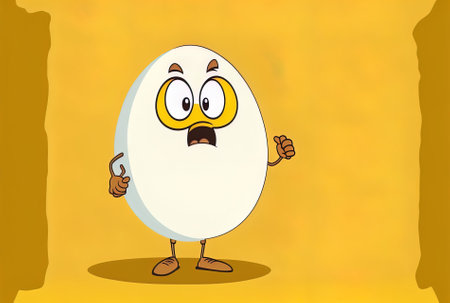 Yellow backdrop with a brown chicken egg figure mascot and an empty white blank banner with space for your designの素材