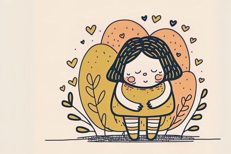 Woman in a cute cartoon hugging her legs and grinning. Concept of daydreaming fantasizing reflecting and becoming lost in thought. flat drawing in tiny charming lines on whiteの素材