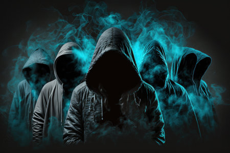 army of hackers. dangerous group of hackers in hoods. Internet virus cybercrime cyberattack and system exploitation. Dark skin. Anonymous. A dark background is covered in abstract smokeの素材