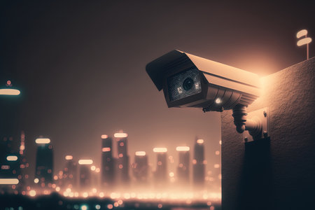 a wall mounted modern CCTV camera. a hazy background of a metropolis at night. concept of monitoring and surveillance Double exposure toned image mock upの素材