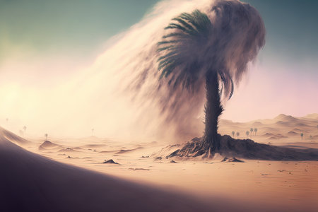 Palm Tree in a Sea of Dust. Background fantasy. Conceptual art True to life. Background of video games. Digitized painting. CG artwork picture of a scene. Realistic Painting. Bookの素材