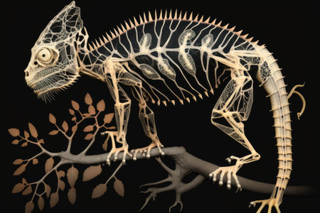The chamaeleo oustaleti (Furcifer) skeleton. Chameleon skeleton hanging from a tree against a dark backgroundの素材