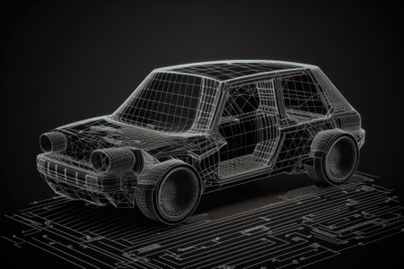 Wireframe model of an automobile in hologram spinning in pitch black virtual space. Signage featuring an isometric smart car. Conceptualization of a high tech self aware vehicle. There will be hologの素材