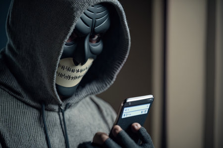 an anonymous masked hacker is using a smartphone to penetrate credit card financial information hacking and malware conceptの素材