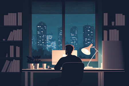 Young professional working from home throughout the evening. Young businessman in a nighttime metropolis focused using a computer at his desk. Homework on concepts drawing of a cartoonの素材