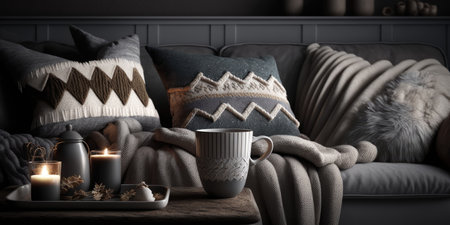 Still life details of nordic living room. Coffee and sweater on the sofa with fur cushions. Cozy winter scene in Scandinavian interiorの素材