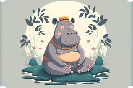 Yoga cartoon artwork of a cute hippo in meditation with an animal and natural symbol concept separatedの素材