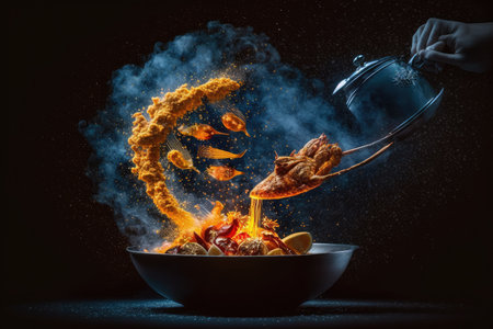 Professional chef pours hot spices to pan wok with frying chicken. Backstage of cooking traditional Indian chicken curry on dark blue background. Frozen motion. Concept of cooking tasty hot mealの素材