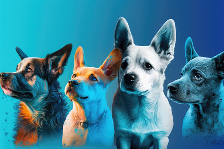 pups that are all energy and boundless joy. Dogs and other dogs looking cute and content isolated on a bright or gradient backdrop. Studio. Artistic montage of canine varieties. Promotional flyerの素材