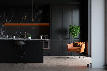 With a kitchen sofa wood floor wall panels and a marble kitchen island the room is contemporary and minimalist. mock up for an illustrationの素材