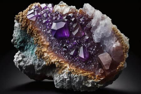 macromineral called violet crystal stone. Uruguayan unpolished Amethyst quartz crystal geode in purple against a white backgroundの素材