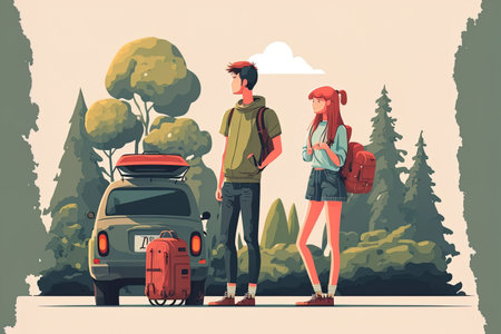 Young travelers with bags standing on the side of the road and hitchhiking are depicted in this flat solitary image. cartoon loving couple leaning against an automobileの素材