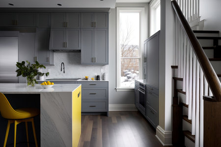 USA OAK PARK IL DAY 1 NOVEMBER 2020 A contemporary kitchen with dark hardwood floors a staircase and grey cabinets. The white granite countertops are topped with a bowl of lemonsの素材