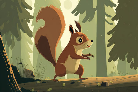 a squirrel cartoon. Animals in the forest that are amusing to watch running standing and jumping include squirrelsの素材