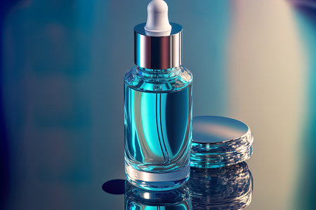 close up of a face serum against a blue background. Hyaluronic acid and collagen for skin care. current scientific advances in cosmetics to maintain attractiveness in a petri dishの素材
