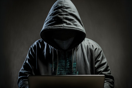 computer hacker in hooded shirt typing software algorithms and stealing data from computer network on laptopの素材