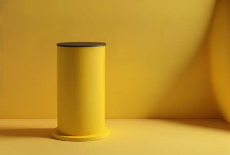 Yellow background with a simple yellow cylinder podium studio pedestal displaying an empty product platformの素材