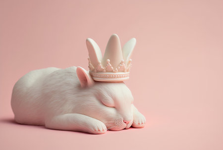 beautiful bunny rabbit in a crown dozing off against a pink backdrop. A white mascot toy rabbit lying down against a pink wall has pink earsの素材