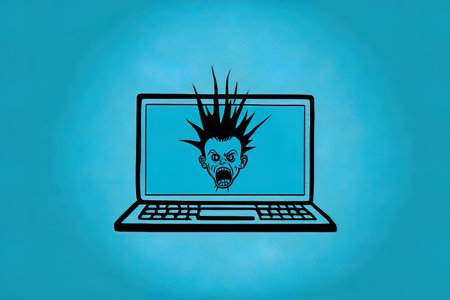punk line Isolated laptop symbol on a blue backdrop. A laptop computer with an empty screen indicator. a vintage drawing in one colorの素材
