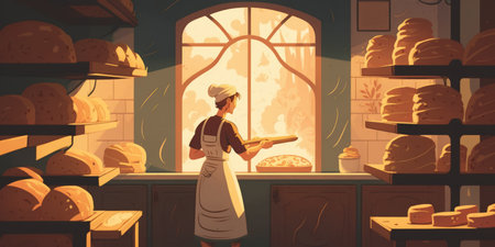 The baker kneads the bread dough in an artisan bakery. The window allows for the entry of the morning sunの素材