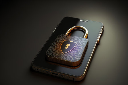 smartphone protection login with wifi on a smartphone screen and padlock on black background banner copy space 3d illustrationの素材