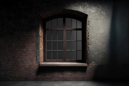 A massive window with a wooden window sill extended to the floor along the entire concrete wall. industrial loft with a grungy decor. a dark background and brick. Text placementの素材