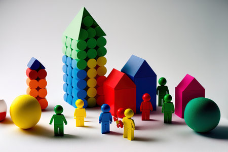 little people. On a white backdrop figurines of humans in the shape of multi story structures stand next to colourful plastic construction pieces. idea of contemporary homes and structuresの素材