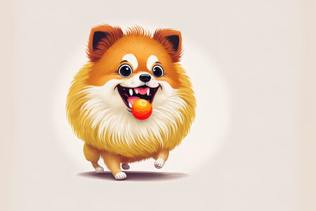 Cute fluffy kawaii dog rushes after a yellow red ball while displaying a wide grin and a red tongue protruding out of his mouth. Dog cartoon with a simple design. alone on a white backgroundの素材