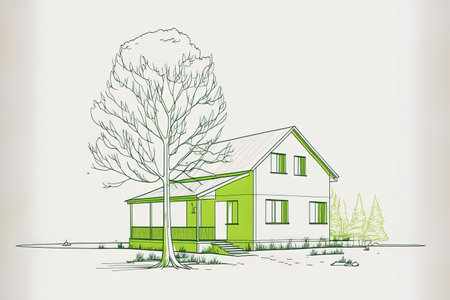 Simple one line sketch of a rural fresh green home. Home eco building construction is a minimalistic doodle. image with a contemporary continuous line drawing styleの素材