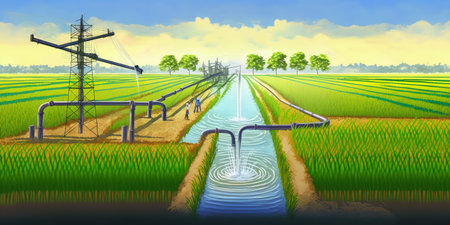 rice fields are irrigated by pump wells which use a method of pumping groundwater into the rice fields. the pumping station where irrigation canal water is pumpedの素材