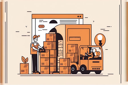 idea of a warehouse and courier delivery warehouse employees in uniforms moving cardboard boxes onto a forklift and scanning packages with barcode scanners illustration of a cartoon linear outlの素材