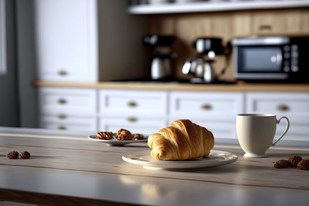 Croissant and coffee on the kitchen counter with a minimalist environment with contemporary furnishings in the background. focusing on baked pastries and a cup of tea on a wooden table copy space aの素材