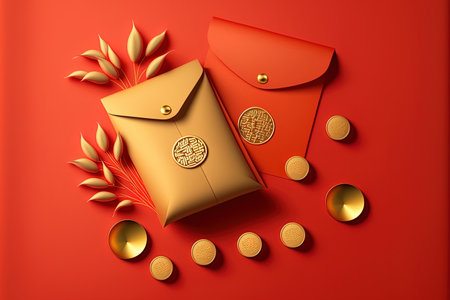 gold coins and ingots were placed inside of scarlet envelopes. Chinese New Year motifs isolated on a rich yellow backdrop are appropriate for decorationsの素材