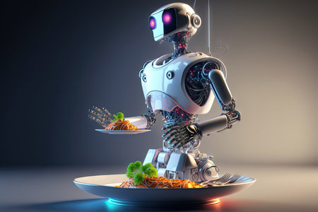 robot serves the dish on a plate. Contactless service technologies in restaurants and cafes. artificial intelligence in the food industryの素材