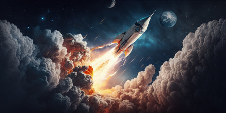 On a backdrop of the blue planet earth a space rocket blasts off into the cosmos while emitting smoke and explosions. A planet is nearby as a spacecraft flies through space under a starry sky. launchの素材