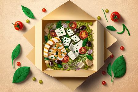 Diet Greek salad with feta tomatoes greens on light background top view. Healthy lunch. Food delivery in disposable plate of craft paper. Eco friendly carton packaging environment protectionの素材