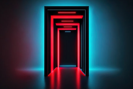 Portal corridor and a blue abstract background. neon spotlights and abstract light. Scene in outer spaceの素材