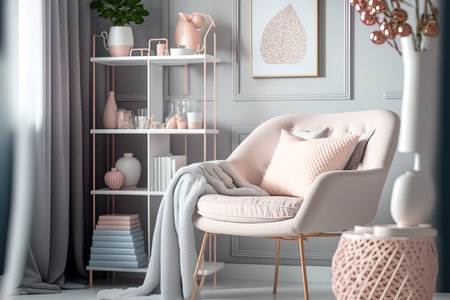 A cozy chair in powder pink is close to a shelf holding firewood in a bedroom decorated in soft pastels with elegant glass vasesの素材