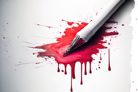 Background of white paper with a red pen and watercolor effect. ombre effects and paint spills. abstract painting created by handの素材