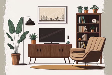 Modern living room with TV on the white wall cabinet brown leather couch and armchair coffee table floor lamp and fur rug. illustrationの素材