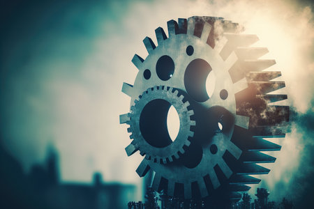 Business and industrial process automation idea with double exposure gears against a backdrop of hazeの素材