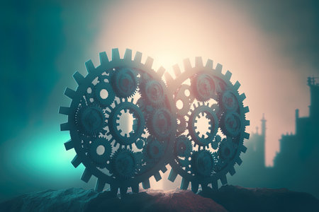 Business and industrial process automation idea with a double exposure of gears against a hazy backdropの素材