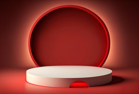 Red product background stage podium presentation display of a premium exhibition platform with a circle showcase scene or light studio template and an empty backdropの素材