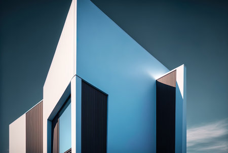 Architecture using urban geometry. Building with contemporary architecture against a blue sky. Low key aestheticsの素材