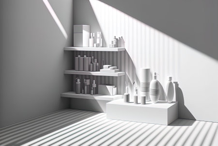 An empty gray room with shadows serves as the abstract white background for the display of cosmetic productsの素材