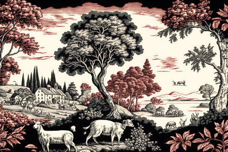 Black and white toile de jouy style pattern featuring a pastoral scene complete with dogs trees and sheepの素材
