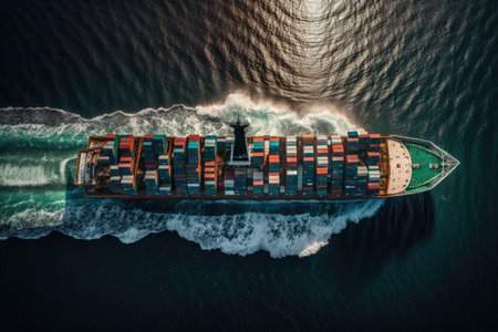 Aerial view of a cargo container ship sailing across a calm ocean toward the next commercial port while loaded with cargoの素材