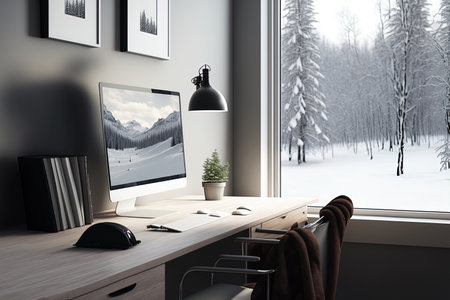 Interior of a contemporary minimalist and comfortable home office with a mock up of a blank desktop computer and accessories on a wood table in front of a window and a backdrop of snowの素材